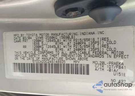 2004 Toyota Sienna Ce/Le из США, поврежденный, VIN 5TDZA23C24S148935